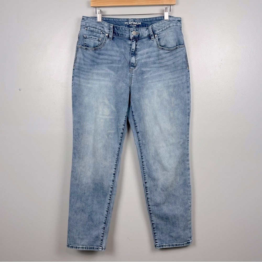 Chico’s Platinum Skimmer lightly distressed lightweight lived in jeans, 1.5 = 10